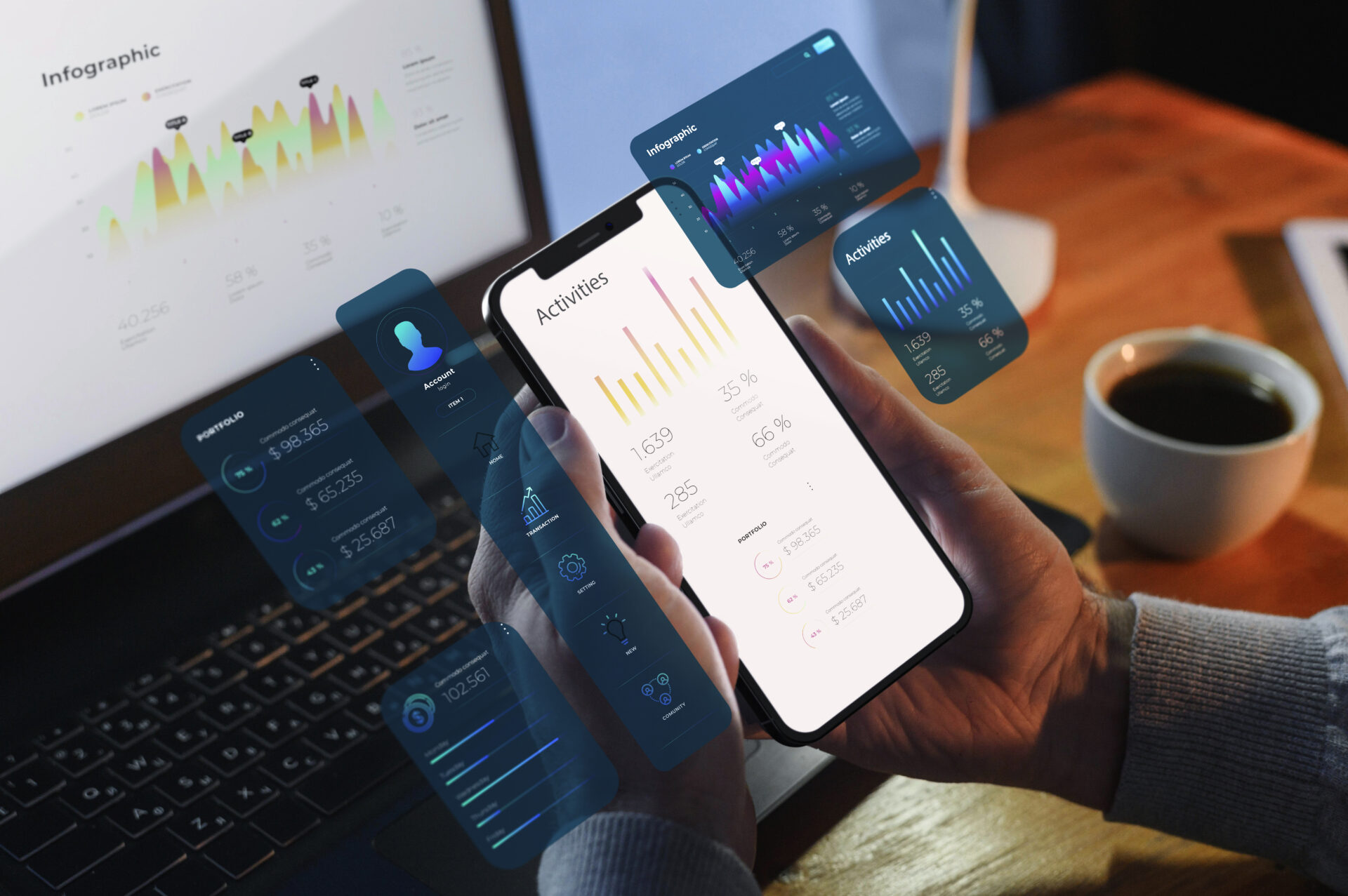 A virtual mobile screen displaying various app designs, showcasing creativity and functionality in mobile app development. (Mobile App Design tips Inspiration)