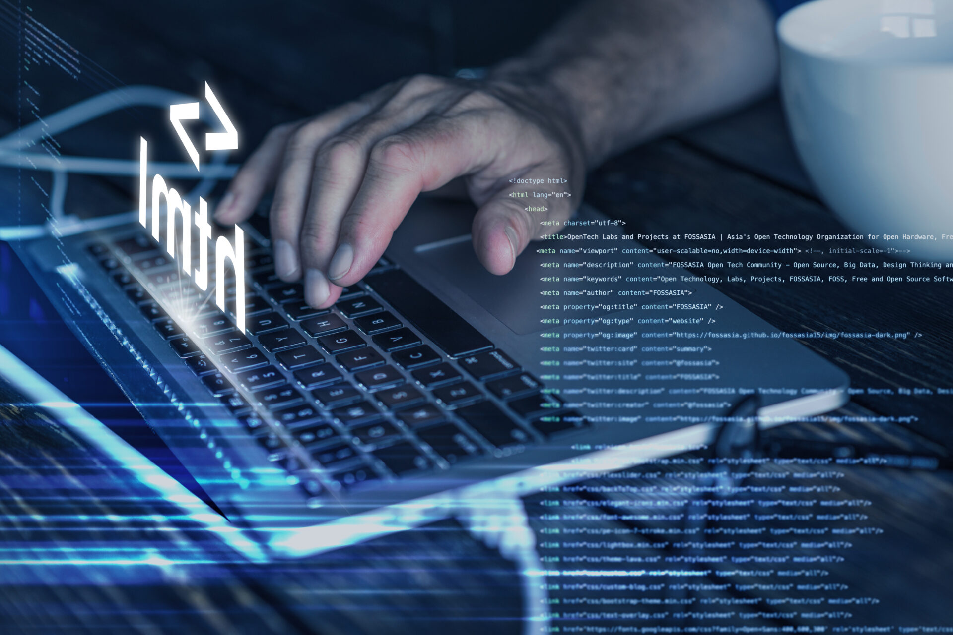 A man programming LLms on his laptop using HTML, illustrating the practical implications of Large Language Models in technology.
