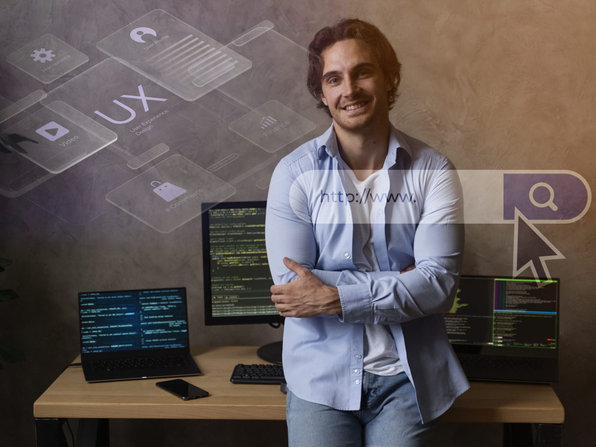 Smiling web developer with coding screens and UX design overlay.