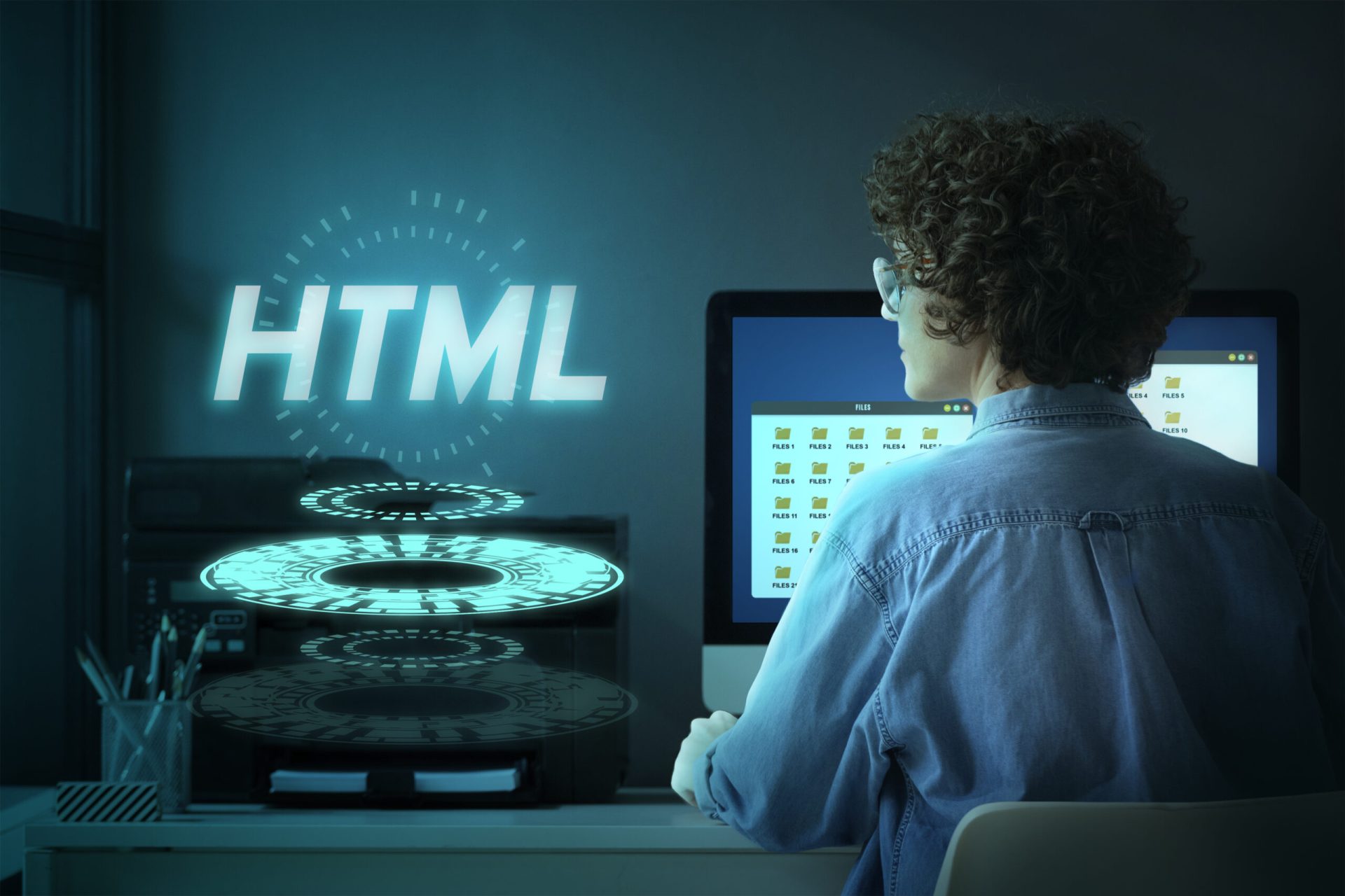 Developer working on a computer with an illuminated "HTML" projection, symbolizing advanced coding.