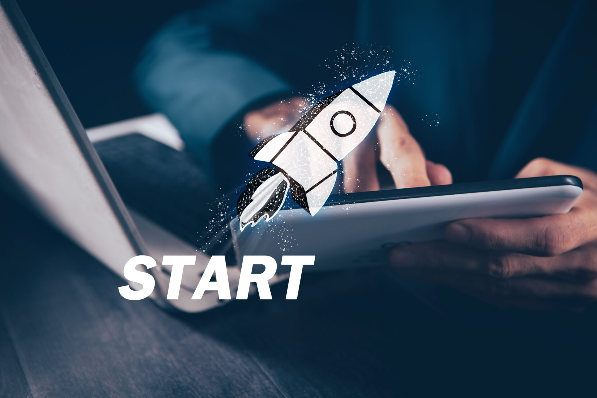 A startup rocket launching from a laptop screen symbolizes rapid growth and innovation in the startup roadmap journey